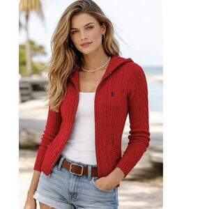 Ralph Lauren Sport Y2K Cable Knit Full Zip Hoodie Red Sz Medium preppy heritage